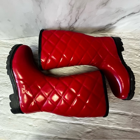 Chrissy Red Quilted Patent Rain Rubber Boots Waterproof - Picture 4 of 11